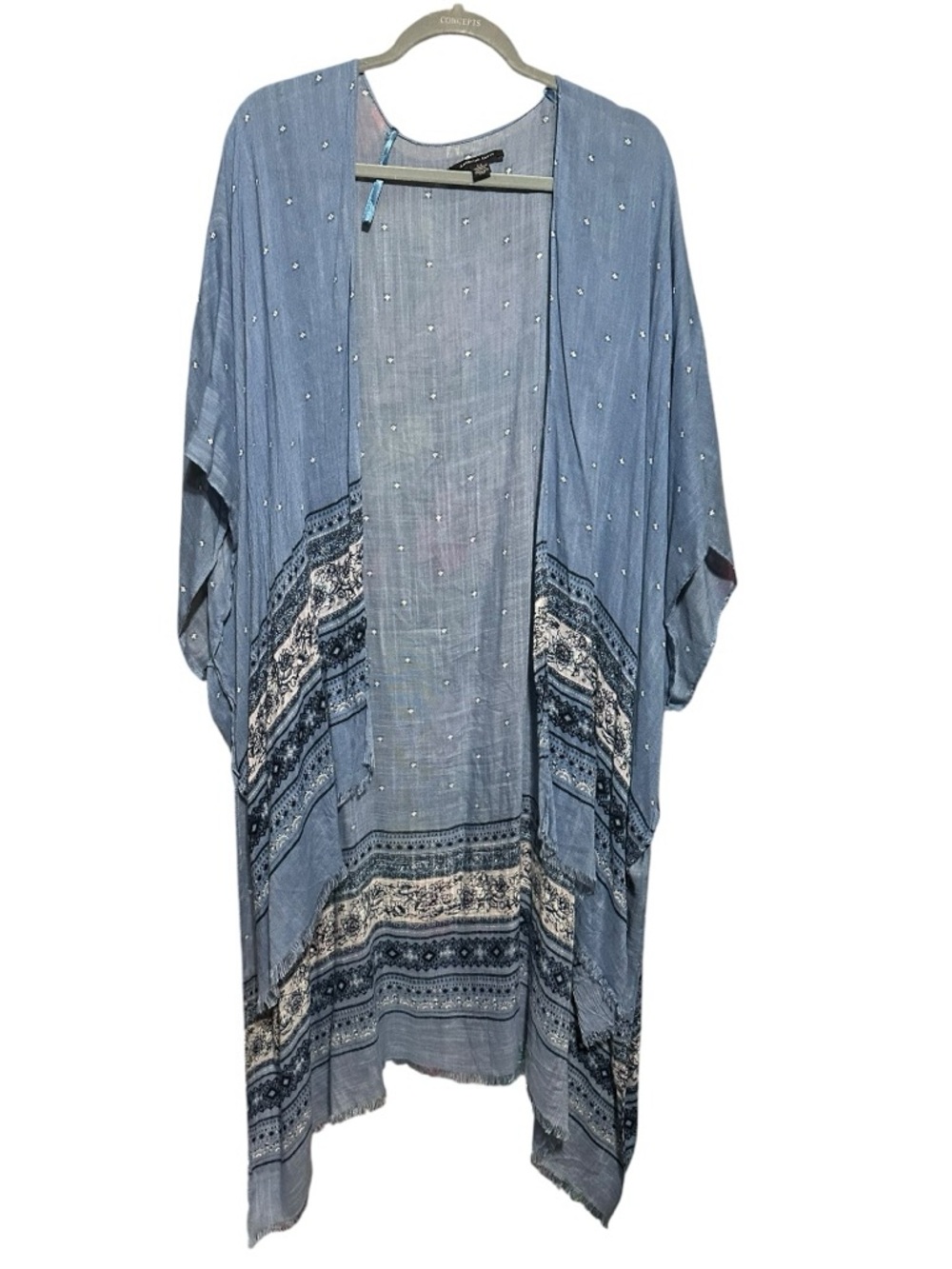 American Eagle Raw Fray Light Blue Patterned Duster Kimono One Size - Picture 2 of 9